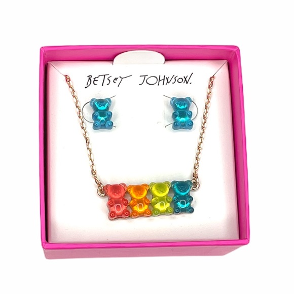 Betsey Johnson Gummy Bear Earrings & Necklace Set Gold Red Blue Yellow Orange - Picture 1 of 5